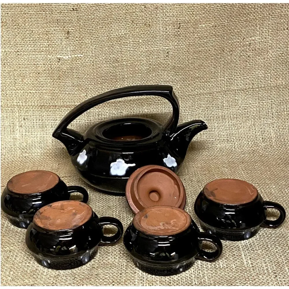 Vintage Black Glazed Squat Red Clay Teapot Set Hand Made